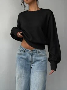 SHEIN BASICS 女款素色圓領長袖休閒百搭針織衫 - 黑色 - 查看 3