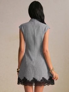 Poéselle Women's Stand Collar Colorblock Contrast Lace Ruched Waist Pleated Mini Dress - Grey - View 8