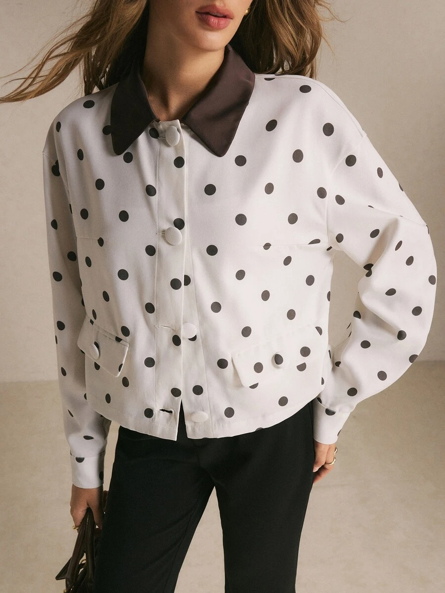 Poéselle Jaket Wanita Putih Motif Polkadot dengan Kancing Depan, Kerah Kontras, Jaket Musim Dingin, Pakaian Kerja, Atasan Polkadot, Pakaian Kantor Kasual Elegan dan Chic untuk Musim Gugur dan Musim Dingin - MultiWarna - View 1