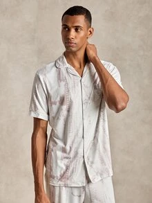 EverLounge Conjunto de ropa de estar en casa para hombre con cuello de solapa, estampado integral, manga corta y pantalones largos - Multicolor - Ver 6