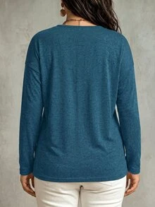 Glimmora Women's Autumn/Winter New V-Neck Long Sleeve Drop Shoulder Loose Soft Knit Plus Size T-Shirt - Blue - View 2
