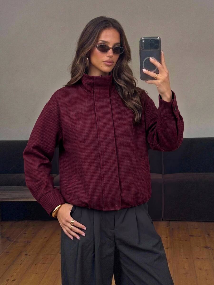 Aloruh Young Women's Versatile Autumn/Winter New Houndstooth Stand Collar Oversized Drop Shoulder Long Sleeve Jacket Wool Blend - Burgundy - View 1