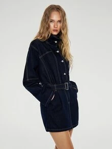 ATUI Studio Gaun Denim Lengan Panjang dengan Kancing Depan dan Pinggang Ramping untuk Wanita, Model Street Style, dan Saku. - Dark Wash - View 11