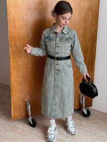 DAZY Tween Girls Denim Dress, Washed Lapel Collar, Casual Fashion, Creative Personalized Fresh Cute - Medium Wash - View 3