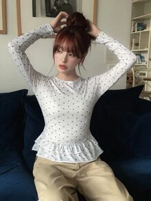 DAZY Polka Dot Patchwork Long Sleeve Round Neck Ruffle Trim Casual Vacation Korean Style Girl Spring Autumn Women T-Shirt Y2k - Grey - View 3