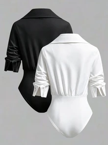 SHEIN LUNE 女款 2 合 1 V 領長袖襯衫連身衣，辦公通勤兩件套 - 彩色 - 查看 2
