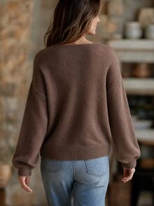 SHEIN Mesh Patchwork 3D Crochet Lazy Comfortable Sweater - Coffee Brown - View 2
