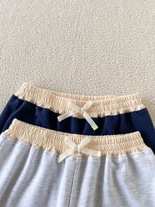 SHEIN Tween女孩 秋冬款 2件組休閒百搭街頭風口袋寬鬆闊腿拼接撞色雙腰帶設計運動長褲，適合學校、外出等多種場合 - 彩色 - 查看 5