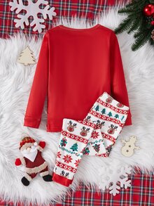 SHEIN 女童秋冬聖誕緊身長袖印花全圖案睡衣套裝 - 紅色 - 查看 2