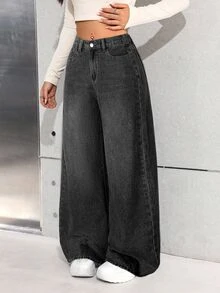 SHEIN 青少年女孩秋冬基礎款藍色牛仔刷毛內裡寬鬆長褲 - 黑色 - 查看 3