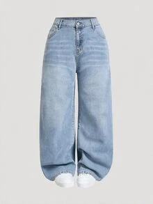 SHEIN MOD Plus Size Straight Leg Denim Jeans With Pockets, Zipper And Button - Light Wash - View 2