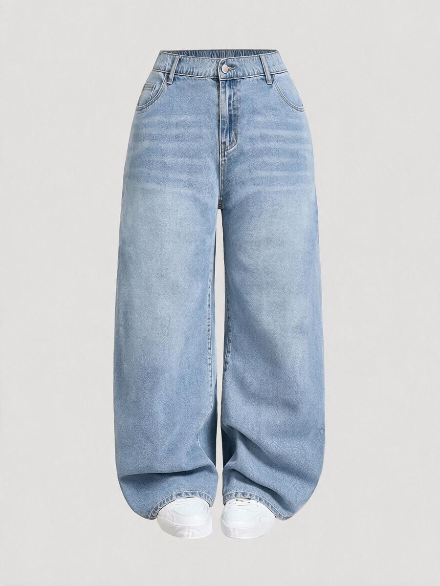 SHEIN MOD Plus Size Straight Leg Denim Jeans With Pockets, Zipper And Button