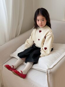 Dazy Kids Áo len bé gái sơ sinh cổ tròn họa tiết trái tim tay dài phong cách Hàn Quốc cho mùa thu/đông - trắng - Xem 9