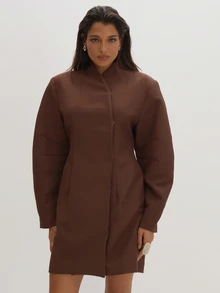 MUSEYN Gaun Blazer Oversized Berstruktur Kepompong Tenun Cokelat, Elegan untuk Kencan Malam, Chic, Musim Gugur - Coklat - View 1