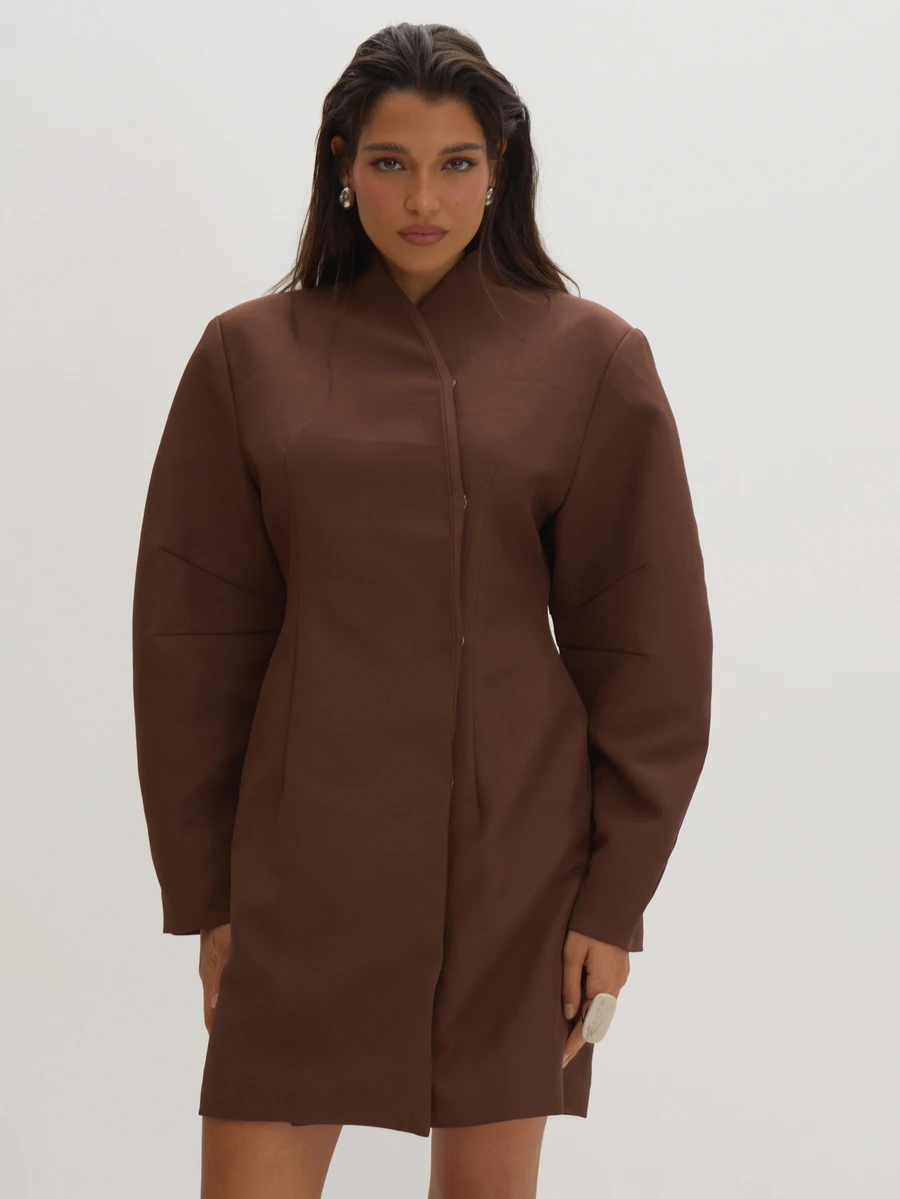 MUSEYN Gaun Blazer Oversized Berstruktur Kepompong Tenun Cokelat, Elegan untuk Kencan Malam, Chic, Musim Gugur - Coklat - View 1