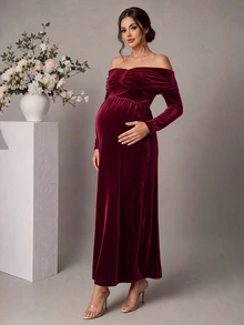 Momance Elegant Velvet Maternity Party Dress - Burgundy - View 1