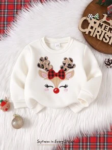 SHEIN Baby Girl Baby Girl Casual Christmas 3D Embroidered Reindeer Pattern Crew Neck Pullover Long Sleeve Sweatshirt - Apricot - View 8