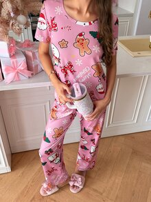 SweetSlumber طقم بيجامة نسائي لطيف بطبعة بابا نويل ورجل الثلج ورجل الزنجبيل والفيونكة بياقة دائرية لعيد الميلاد - وردي - مشاهدة 2