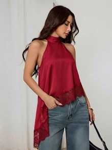 SHEIN PETITE 不對稱高領掛脖上衣，蕾絲飾邊，晚宴派對雞尾酒會正式優雅無袖款 - 玫瑰紅 - 查看 5
