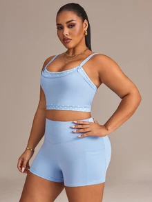 Rhythm Era Setelan Olahraga 2 Potong Atasan Camisole dan Celana Pendek Motif Polkadot Ukuran Plus untuk Wanita - Biru - View 3