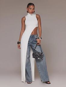 MUSERA High Neck Asymmetric Cut Out Side Draped Maxi Length Long Sleeveless Top Cute Sexy Holiday Spring - White - View 1
