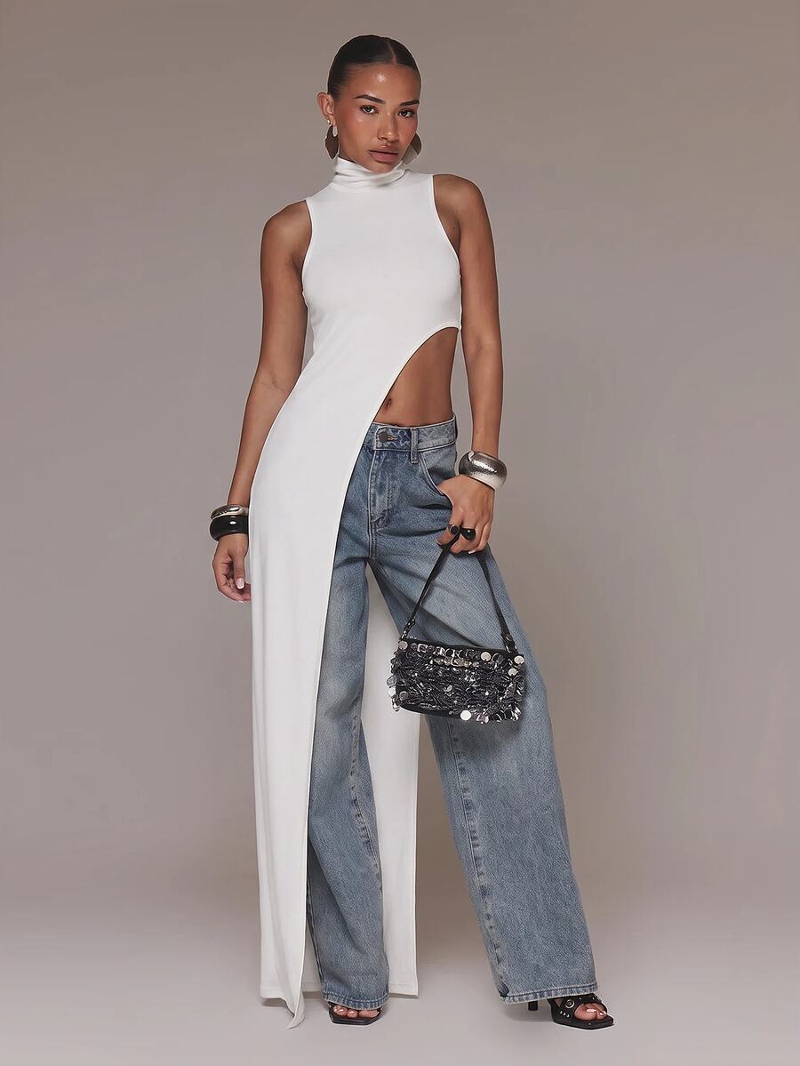 MUSERA High Neck Asymmetric Cut Out Side Draped Maxi Length Long Sleeveless Top Cute Sexy Holiday Spring - White - View 1