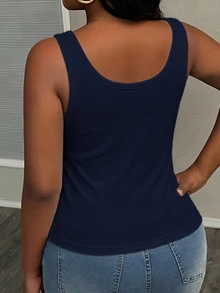 Slaydiva Plus Size Women's Solid Color Square Neck Casual Versatile Tank Top - Navy Blue - View 2