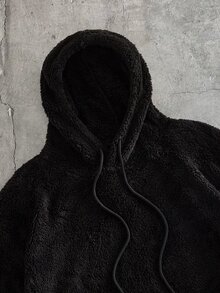 EASEVO 男士大尺碼純色長袖口袋抓繩抽繩抓絨連帽衫 - 黑色 - 查看 3