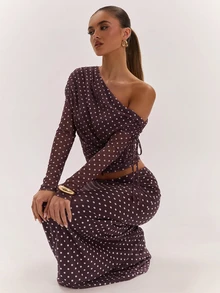 SHEIN BAE Women's Sexy Brown Polka Dot Asymmetrical Shoulder Single Sleeve Two Pieces Set - Multicolor - View 7