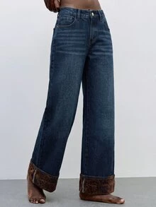 Maija Celana Jeans Denim Wanita Kasual Kaki Lurus Potongan Longgar - Dark Wash - View 5