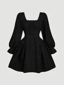 SHEIN MOD Women's Square Neck Petal Sleeve Solid Color Sweet Denim Dress - Black - View 2