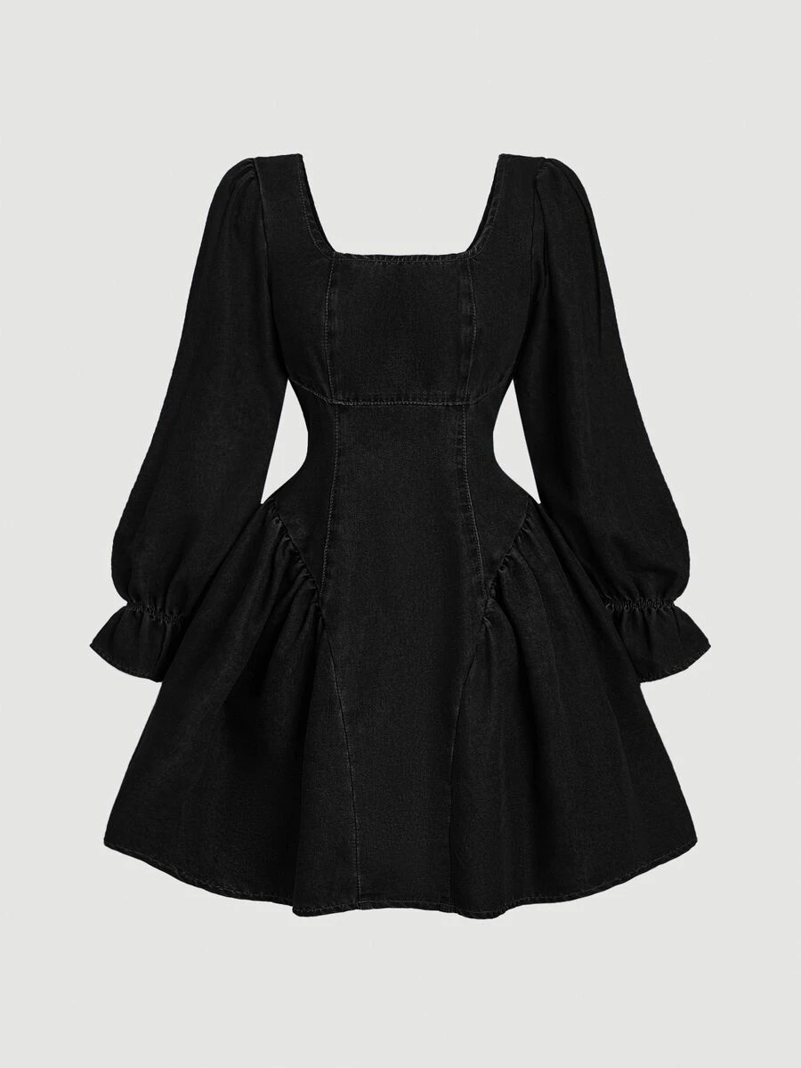 SHEIN MOD Women's Square Neck Petal Sleeve Solid Color Sweet Denim Dress