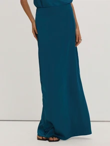 MUSEYN Teal Blue Satin Loose Fit Maxi Skirt Classy Date Night Chic Evening Fall - Royal Blue - View 2