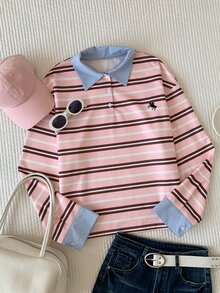 Comfortcana Women's Colorblock Long Sleeve Striped Polo Neck T-Shirt - Pink - View 9