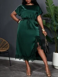SHEIN Clasi Plus Size Women's Autumn New Bat Sleeve Dress Black & White Polka Dot Suitable For Daily Commute Versatile Multi-Occasion Wear - Dark Green - View 3
