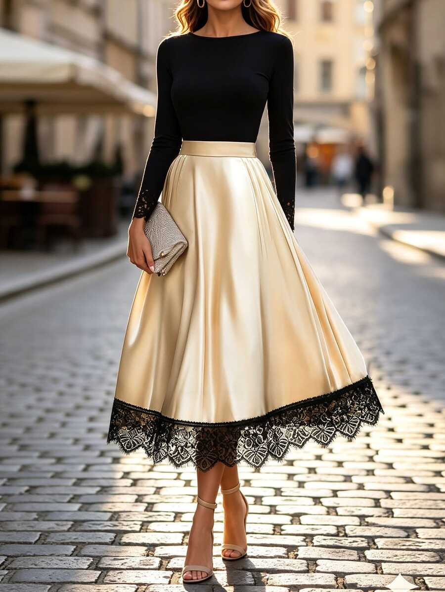 Balvessa Contrast Lace Hem PU Leather Skirt - Champagne - View 1