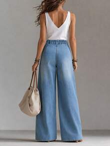 LUMIGAL Plus Size Women's Loose Wide Leg Casual Denim Jeans With Pockets - Blue - View 2