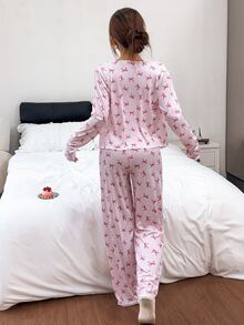 Napfluff Bow Print Striped Loungewear, Lace Trim Camisole Cardigan 3 Pieces Pajama Set - Pink - View 3