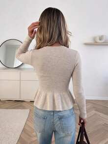 Serisse Women's Solid Color Long Sleeve Round Neck Ruffle Hem Fashion Versatile Cardigan - Apricot - View 5