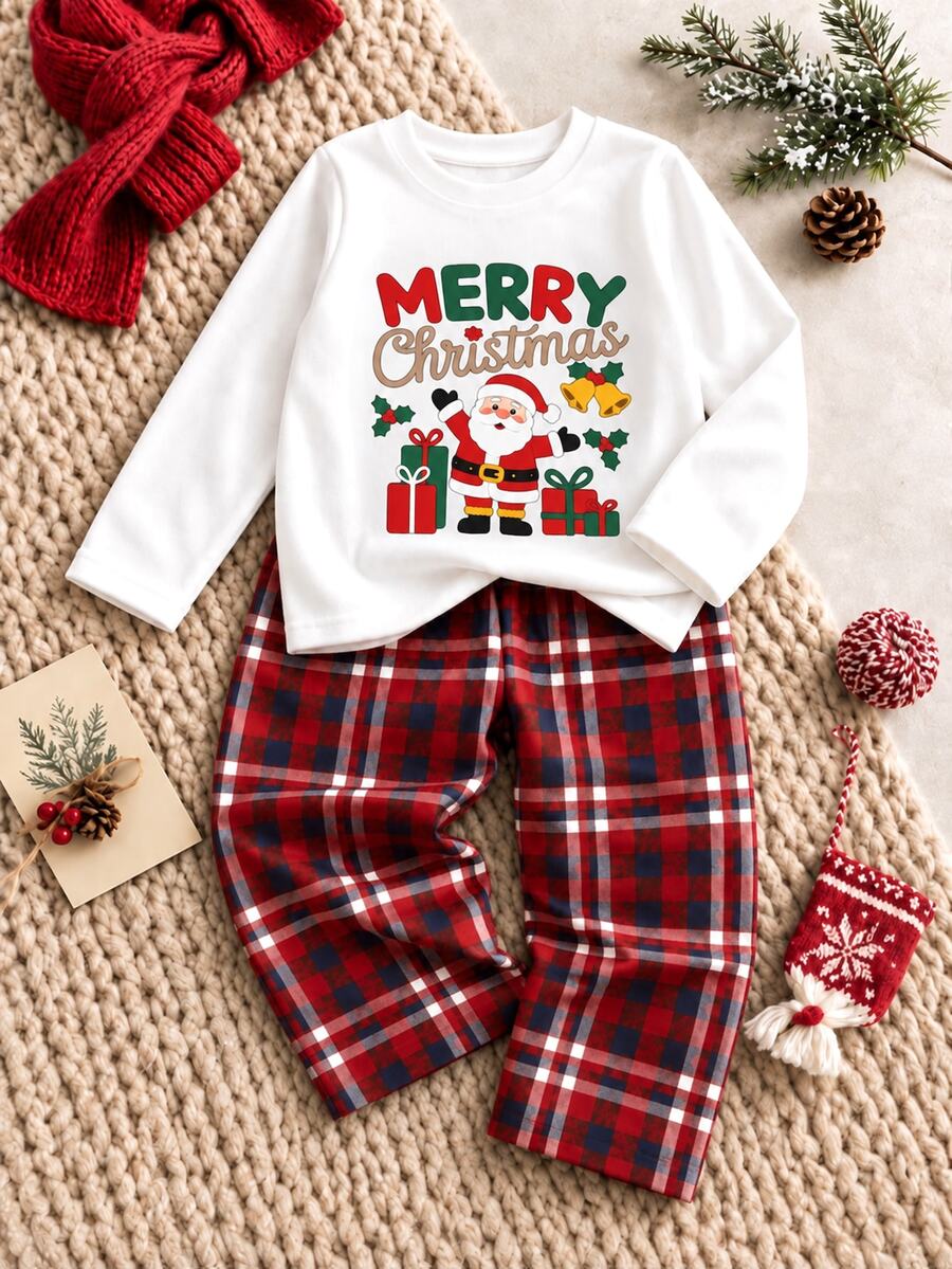 Young Boy Christmas Pattern Knitted Soft Crew Neck Long Sleeve Pullover Sweatshirt & Elastic Waist Long Pants 2pcs Set Kids