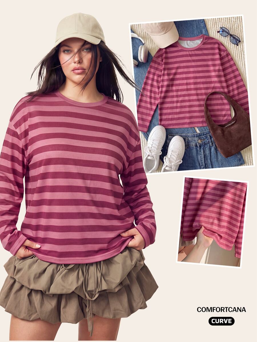 Comfortcana Kaos Lengan Panjang Kerah Bulat Gaya Korea Minimalis Bergaris Warna Blok Ukuran Besar - Watermelon Pink - View 1