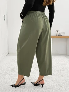 Shapeblank Women's Plus-Size Green Elastic-Waist Cropped Harem Pants – Stylish, Casual, Loose & Comfortable For Spring/Autumn,Curve Pants,Fall Outfits,Bottom - Green - View 2