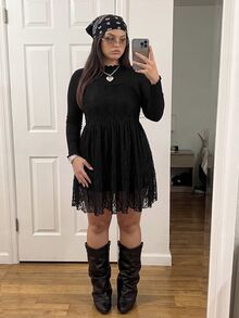 Comfortcana Plus Size Autumn/Winter Lace Camisole Dress & High Neck Cotton T-Shirt Black Set - Black - View 3