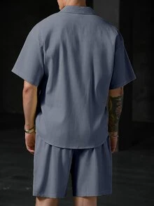 Genlund Men's Textured Striped Short Sleeve Shirt & Shorts Vacation Set - Grey - View 2