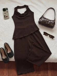 Comfortcana Women's Plus Size Draped Neck Backless Cowl Neck Asymmetrical Hem Waist-Cinching Tank Top And Loose Straight Leg Pants 2 Pieces Set - Brown - View 3