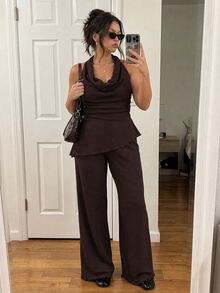 Comfortcana Women's Plus Size Draped Neck Backless Cowl Neck Asymmetrical Hem Waist-Cinching Tank Top And Loose Straight Leg Pants 2 Pieces Set - Brown - View 5