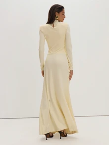 MUSEYN Cream Jersey High Neck Ruched Detail Shoulder Pad Maxi Dress Classy Date Night Chic Evening Fall - Beige - View 5