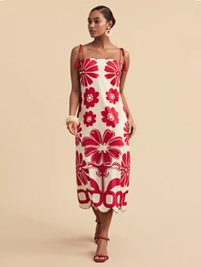Travachic Women's Floral Print Casual Party Spaghetti Strap Dress - Red - View 3