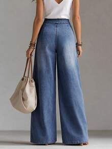 LUMIGAL Women's Cargo Pocket Wide Leg Loose Casual Denim Jeans - Dark Wash - View 4
