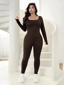 SHEIN EZwear 大尺碼秋冬保暖針織連身褲 - 巧克力棕 - 查看 4